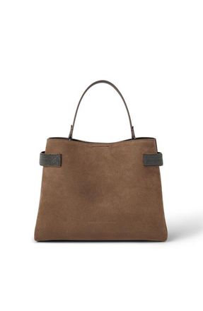 Brunello Cucinelli Suede Top-Handle Essence bag in Bark at Nordstrom
