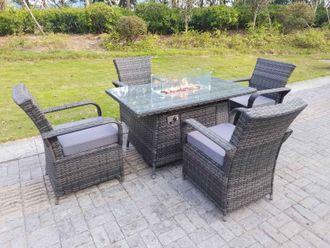 Fimous Rattan Garden Furniture Gas Fire Pit Rectangle Dining Table Gas Heater & Dining Chairs 4 Seater in Dark Grey