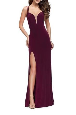 La Femme Long Classic Prom Dress with Side Leg Slit and Deep V in Dark Berry at Nordstrom, Size 00