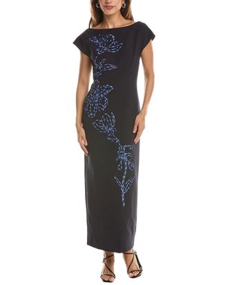 Lela Rose Ikat Floral Embroidered Fluid Crepe Sheath Dress