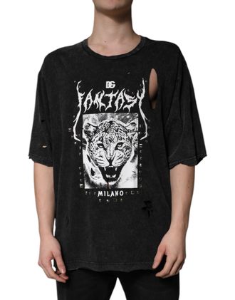 Dolce & Gabbana Mens Black Graphic Print Cotton Crew Neck T-Shirt