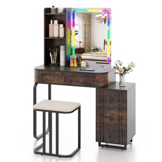 Costway Costway RGB Vanity Table Set Bedroom Dressing Table w/ Mirror & Lights in Brown