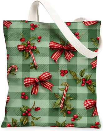 Generic Christmas Canvas Tote Bags, Holiday Ribbon Berry Pattern Reusable Grocery Bags, Vintage Lightweight Washable Shoulder Strap, Green, 13x15 Inch