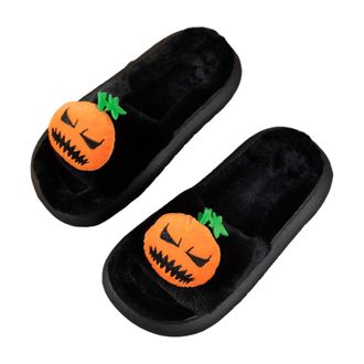 Generic Halloween Plush Flat Womens Slippers Clashing Color Fashion Womens Slippers Indoor Booties Slippers for Women (Black, 7)