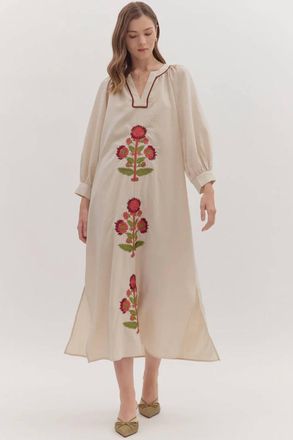 Entro Dahlia Embroidered Midi Dress In Ecru