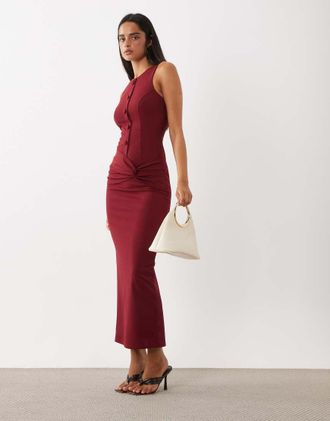 Asos vestito maxi strutturato con abbottonatura frontale color vino-Rosso
