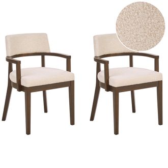 Beliani Conjunto De 2 Sillas De Comedor Estilo Tradicional Asiento Tapizado Boucl&eacute; Madera Marr&oacute;n Oscuro Y Blanco Crema Dalbo