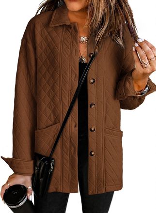 Generic Casual Quilted Jackets for Women Button Down Collared Long Sleeve Shirts Spring Jackets with Pockets (Chestnut,M)