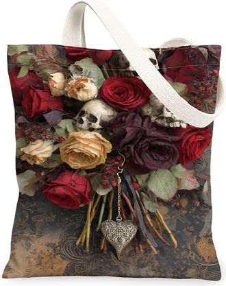 Generic Gothic Floral Canvas Tote Bags, Skull Rose Pattern Reusable Grocery Bags, Vintage Washable Shoulder Strap Canvas for Travel, Red, 13x15 Inch