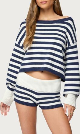 Edikted Striped Oversize Crop Sweater in Navy-And-White at Nordstrom, Size X-Small