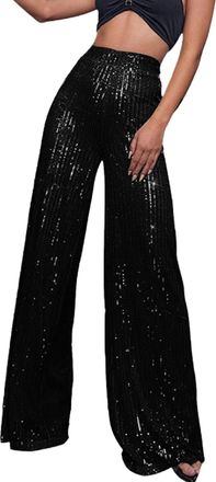 Generic Wide Leg Trousers for Women UK, Sequin Elastic Waist Straight Sparkly Trousers for Women Glitter Jeans Party Wear Sexy Night Out Pants Streetwear Fash