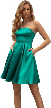 Angel Fashions Womens Tube Cocktail Dress Lace Up Back Satin Skater Dresses with Pockets Turquoise Size 16