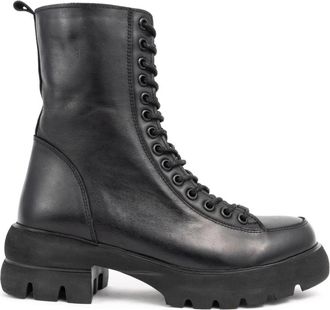 Sergio Moretti Casual Zwarte Enkellaarsjes - Dames - Veterlaarzen - Zwart - 38 EU - Leer - Schoenen