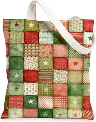 Generic Christmas Patchwork Canvas Tote Bags, Star and Heart Pattern Reusable Shopping Bags, Winter Vintage Lightweight Washable Ca, Red and Green, 13x15 Inch