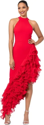 Betsy & Adam Dress Womens Red Ponte Ruffle Mock Neck Asymmetrical Hem FROG366