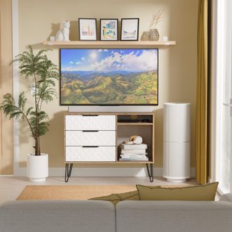 Lewis's Harlequin 3 Drawer TV Unit in White Matt & Vintage Oak - Ready Assembled - Lewiss Home | TJ Hughes