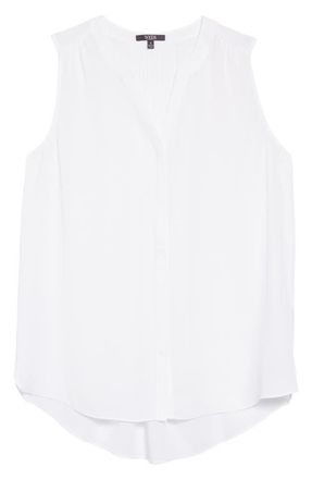 NYDJ Print Pleat Back Sleeveless Split Neck Blouse in Optic White at Nordstrom, Size Xx-Small