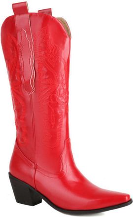 Generic Retro Western Pull On Knee High Boots for Women - Square Toe & Chunky Block Heel for Casual Office Party,Red,7.5 UK