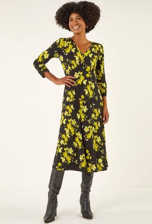 Roman Floral Print Buttoned Midi Dress