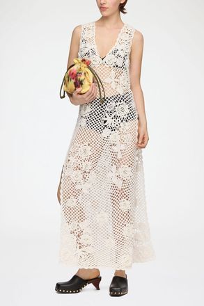 Ganni White Long Dress in Cotton Crochet - Size XS Organic
