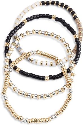 Nordstrom Set of 4 Beaded Stretch Bracelets in Black- White- Gold at Nordstrom