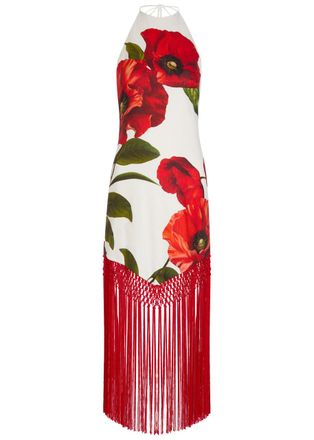 Alice & Olivia Mallory Floral-print Fringed Linen-blend Midi Dress - Red And White - 12 (UK16 / XL)