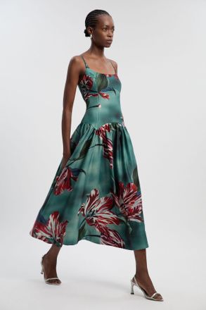 Karen Millen Womens Photographic Floral Heavy Satin Drop Waist Maxi Dress - Teal - Size 12 UK