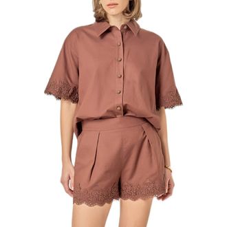 English Factory Embroidered Lace Linen Blend Shirt in Chocolate Brown at Nordstrom, Size X-Small