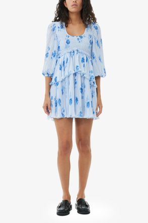 Ganni Blue Pleated Georgette Flounce Smock Mini Dress - Size 32