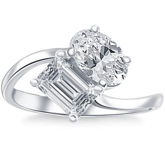 Pompeii3 2 1/4Ct TW Toi et Moi Oval And Emerald Cut Engagement Ring White Gold Lab Grown