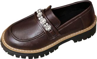 Generic Ladies Loafer Shoes Round Toe Comfortable Walking Shoe Solid Color Chunky Heeled Versatile Stylish Casual Slip On Dressy Shoes Business Party Brown