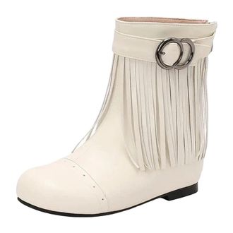 Generic Womens Mid Calf Boots Round Toe Hidden Wedge Heel With Back Zipper Fringe Tassels And A Decorative Buckle