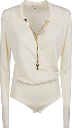 Elisabetta Franchi Long Sleeve V-Neck Bodysuit with Elegant Gold Chain Detail