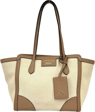 Gucci Beige Brown Canvas Leather Tote Bag (Pre-Owned)