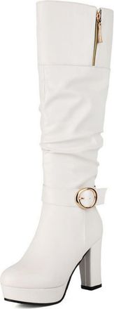 Generic Womens PU Leather Slouch Long Boots with Side Zipper Round Toe Knee High Boots Chunky High Heel Platform Boot with Buckle,White,4.5 UK