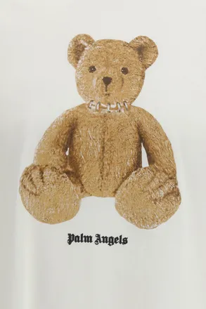 Palm Angels Mens T-Shirt Bear Print Off White-Brown Cotton T-Shirts White/brown And Polos