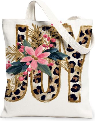 Generic Joyful Floral Canvas Tote Bags, Leopard Print Reusable Grocery Bags, Winter Lightweight Washable Canvas for Travel Beach Pi, White, 13x15 Inch