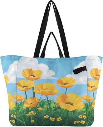 Generic White Horse Blue Yellow Flower Field pattern Reusable Canvas Tote Bag, Heavy Duty Grocery Shopping Bag with Double Handles Hard Bottom Large Capacity 