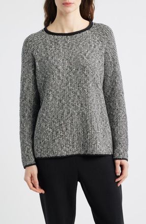 Eileen Fisher Jewel Neck Marled Knit Sweater in Black/Soft White at Nordstrom, Size X-Large