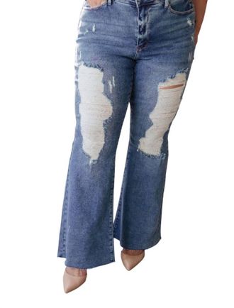 Judy Blue High Rise Heavy Destroy Flare Jeans In Medium Wash