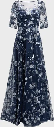 Teri Jon Metallic Embroidered Tulle Gown