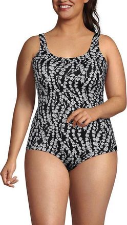 Lands End Plus Size Mastectomy Chlorine Resistant Tugless One Piece Swimsuit Soft Cup in Black/white Vine Floral at Nordstrom, Size 20W