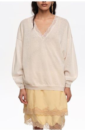 Bimba & Lola Long Linen Cotton Lace Sweater in Ivory at Nordstrom, Size Xx-Small Eu