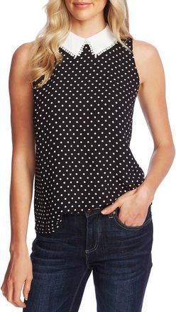 CeCe by Cynthia Steffe Heirloom Polka Dot Peter Pan Collar Sleeveless Blouse in Rich Black at Nordstrom, Size Large