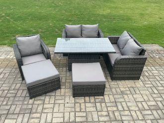 Fimous 7 Seater Rattan Furniture Garden Dining Set Outdoor Height Adjustable Rising lifting Table Love Sofa Chair With 2 Big Footstool in Dark Grey