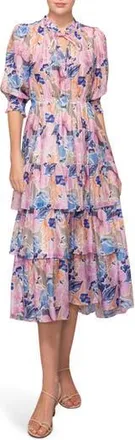 Melloday Printed Tiered Midi Dress in Pink Blue at Nordstrom Rack, Size X-Small
