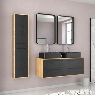 Aurlane Paquete De Ba&ntilde;o Caja De Ba&ntilde;o Acabado De Roble Natural + 2 Cuencas Negras Mate + 2 Espejos + Columna - Uby 120cm