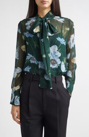 Erdem Floral Print Silk Voile Top in Belle Epoque Poppy Dark Green at Nordstrom, Size 10