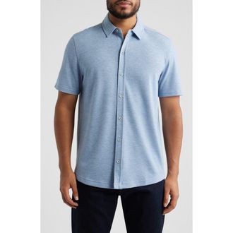 Johnston & Murphy Bennett Short Sleeve Heathered Cotton Blend Button-Up Shirt in Light Blue Honeycomb at Nordstrom, Size Xx-Large