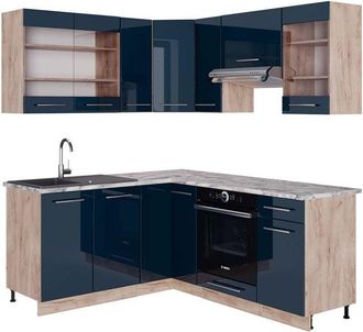 Vicco Cucina angolare completa Fame-Line, Blu scuro lucido/rovere dorato, 160 x 190 cm, pl Marmo